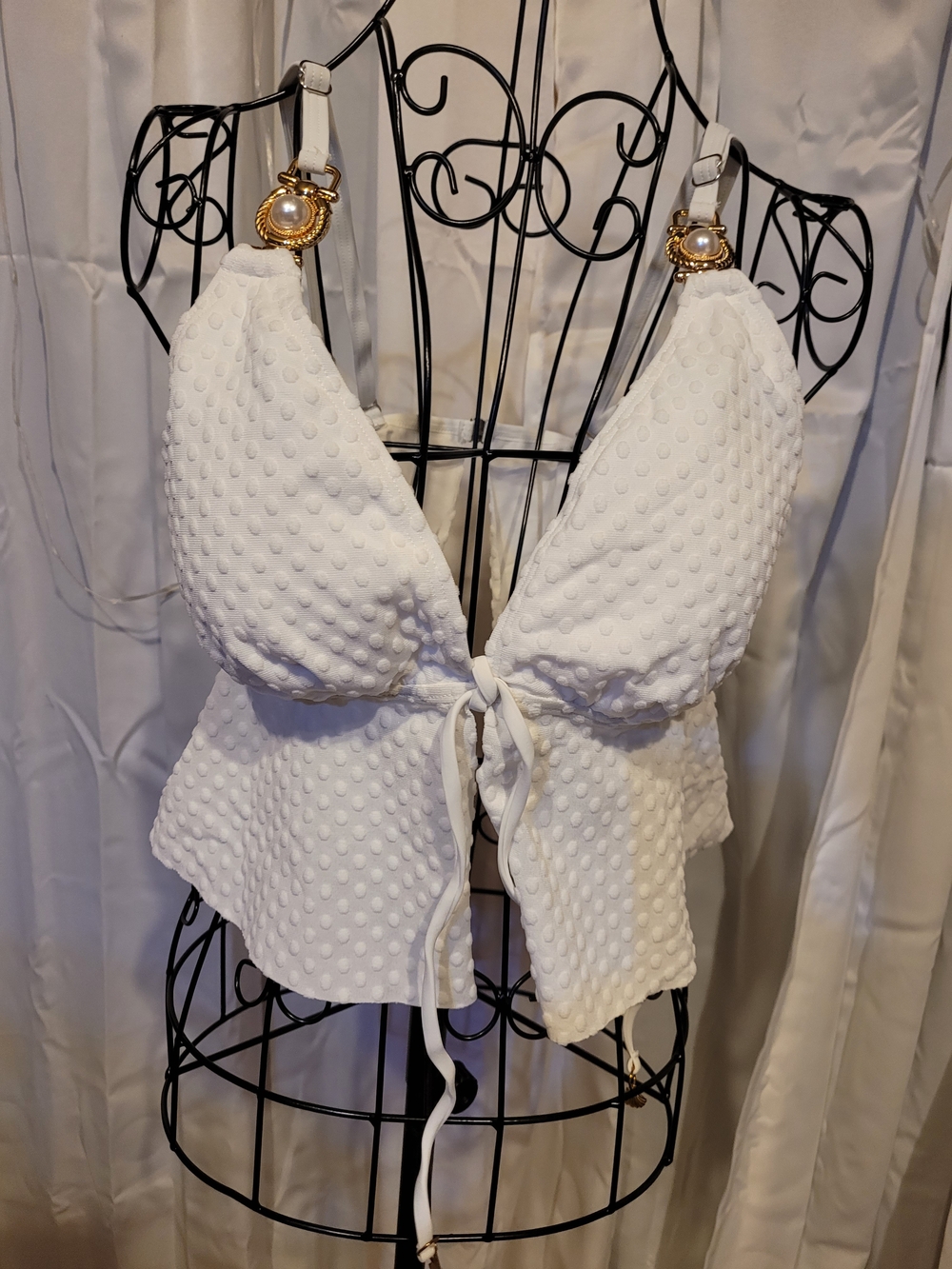 Amazon White Textured Tie-Front Bikini Top with Gold Accents